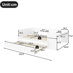 Lit 140x200 cm avec bureau intégré et lit gigogne, structure pin blanc et 3 étagères fonctionnelles><noscript><img width=