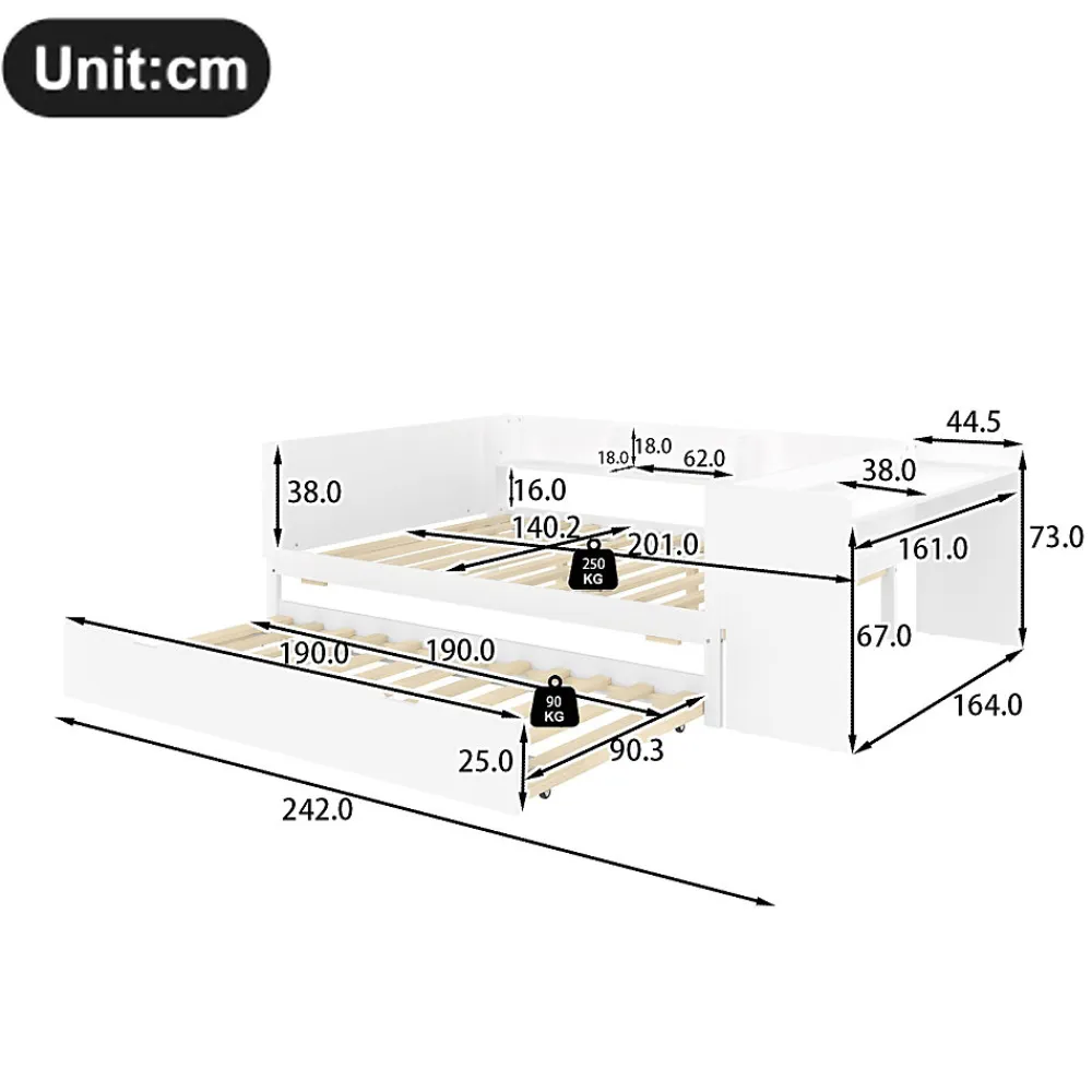 Lit 140x200 cm avec bureau intégré et lit gigogne, structure pin blanc et 3 étagères fonctionnelles>Redom Outlet