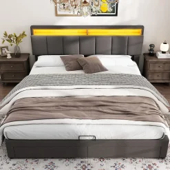 Redom Lit 160x200 cm avec éclairage LED intégré, tête de lit rembourrée en lin gris foncé et cadre métal robuste* Lit Avec Rangement