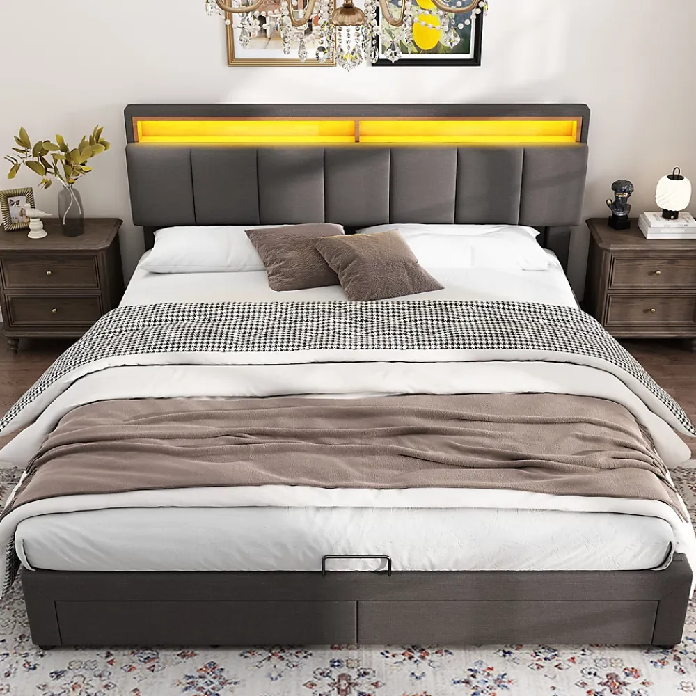 Redom Lit 160x200 cm avec éclairage LED intégré, tête de lit rembourrée en lin gris foncé et cadre métal robuste* Lit Avec Rangement