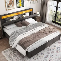 Redom Lit 160x200 cm avec éclairage LED intégré, tête de lit rembourrée en lin gris foncé et cadre métal robuste* Lit Avec Rangement