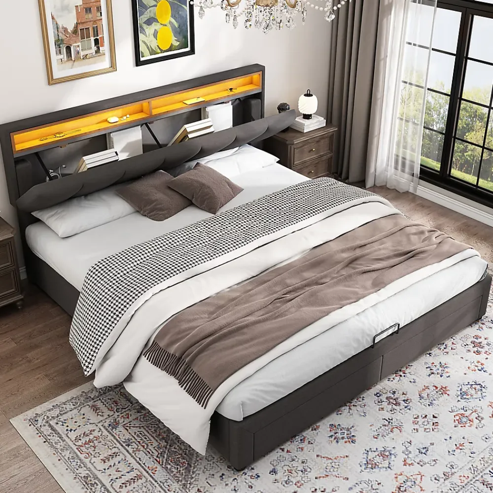 Redom Lit 160x200 cm avec éclairage LED intégré, tête de lit rembourrée en lin gris foncé et cadre métal robuste* Lit Avec Rangement