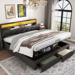 Redom Lit 160x200 cm avec éclairage LED intégré, tête de lit rembourrée en lin gris foncé et cadre métal robuste* Lit Avec Rangement