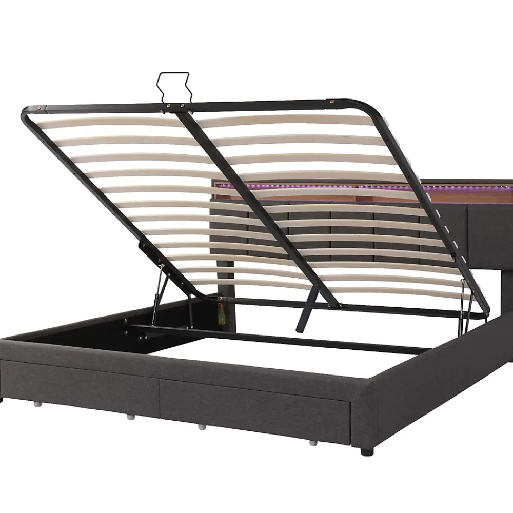 Redom Lit 160x200 cm avec éclairage LED intégré, tête de lit rembourrée en lin gris foncé et cadre métal robuste* Lit Avec Rangement