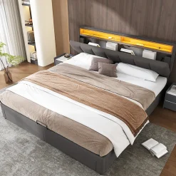 Redom Lit 160x200 cm avec éclairage LED intégré, tête de lit rembourrée en lin gris foncé et cadre métal robuste* Lit Avec Rangement