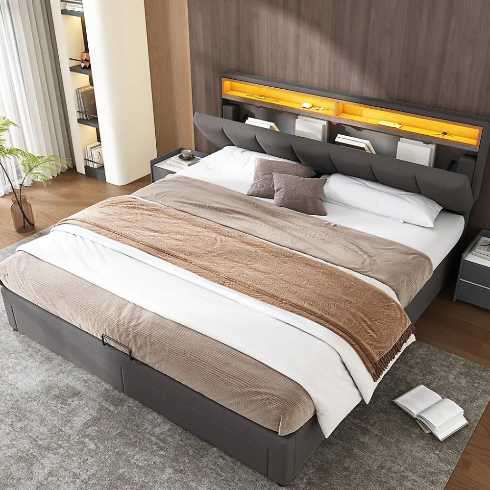 Redom Lit 160x200 cm avec éclairage LED intégré, tête de lit rembourrée en lin gris foncé et cadre métal robuste* Lit Avec Rangement