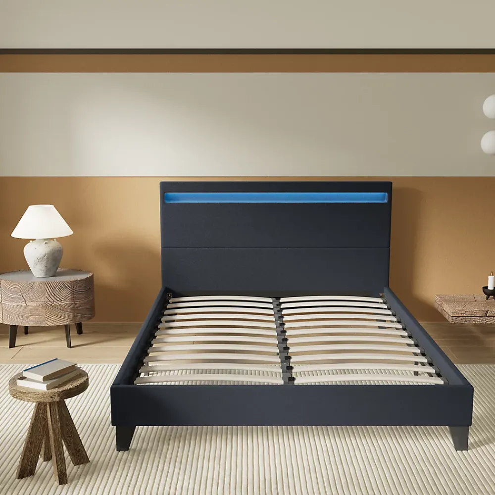 November Lit 140x190 cm avec Éclairage LED Simili Noir* Lit Double