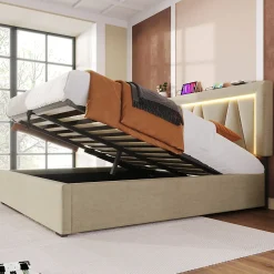 Lit 160x200 cm avec éclairage LED et ports USB Type-C, coffre de rangement intégré, revêtement lin beige>Redom Hot