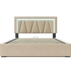 Lit 160x200 cm avec éclairage LED et ports USB Type-C, coffre de rangement intégré, revêtement lin beige><noscript><img width=