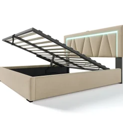 Lit 160x200 cm avec éclairage LED et ports USB Type-C, coffre de rangement intégré, revêtement lin beige><noscript><img width=