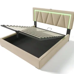 Lit 160x200 cm avec éclairage LED et ports USB Type-C, coffre de rangement intégré, revêtement lin beige><noscript><img width=