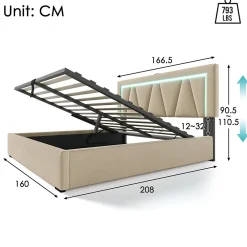 Lit 160x200 cm avec éclairage LED et ports USB Type-C, coffre de rangement intégré, revêtement lin beige><noscript><img width=