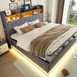 Redom Lit 180x200 cm avec éclairage LED multicolore et rangement hydraulique, tapissé tissu lin gris, cadre métal* Lit Avec Rangement