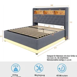 Redom Lit 180x200 cm avec éclairage LED multicolore et rangement hydraulique, tapissé tissu lin gris, cadre métal* Lit Avec Rangement