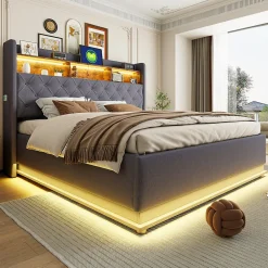 Redom Lit 180x200 cm avec éclairage LED multicolore et rangement hydraulique, tapissé tissu lin gris, cadre métal* Lit Avec Rangement