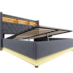 Redom Lit 180x200 cm avec éclairage LED multicolore et rangement hydraulique, tapissé tissu lin gris, cadre métal* Lit Avec Rangement