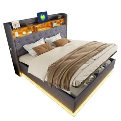 Redom Lit 180x200 cm avec éclairage LED multicolore et rangement hydraulique, tapissé tissu lin gris, cadre métal* Lit Avec Rangement