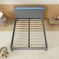 Lit 160x200 cm avec Éclairage LED Simili Gris><noscript><img width=