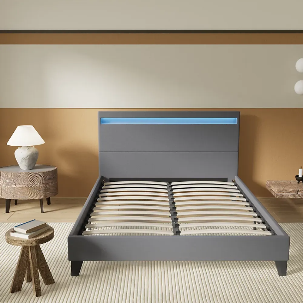 November Lit 120x190 cm avec Éclairage LED Simili Gris* Lit Double