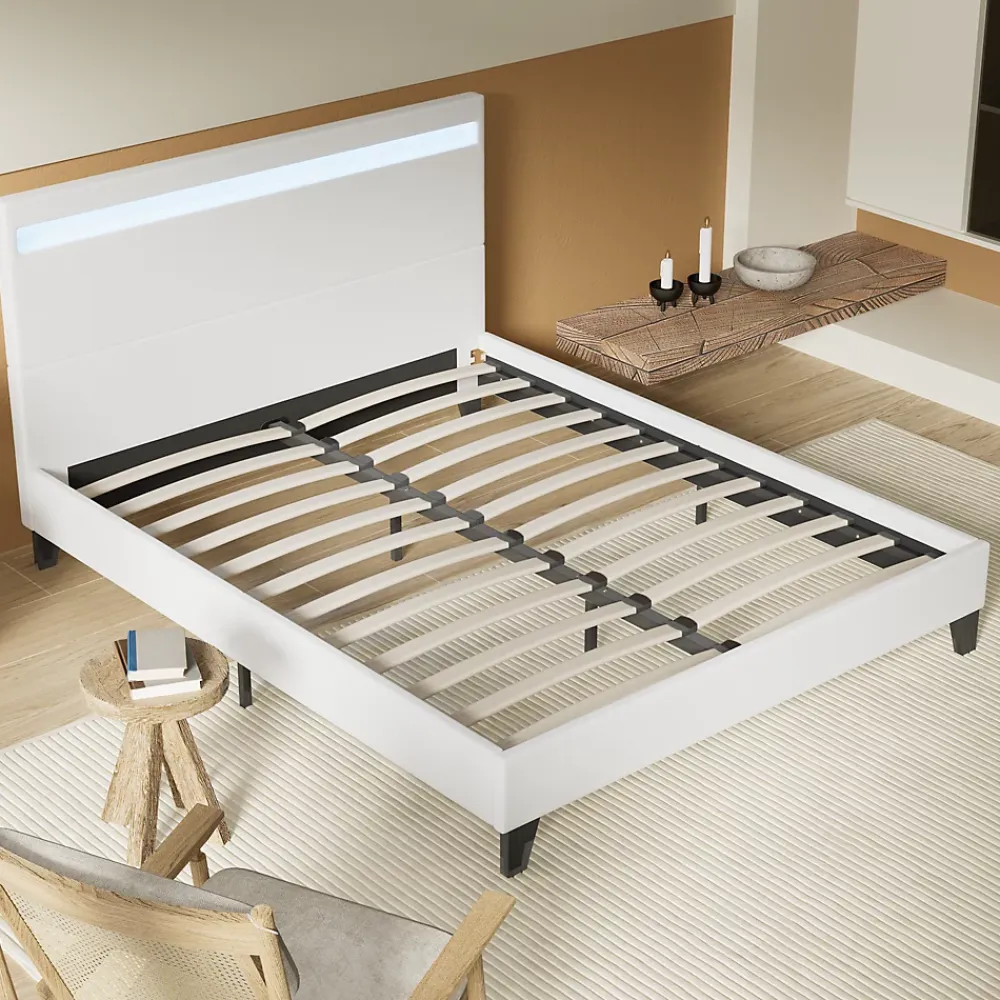 November Lit 140x190 cm avec Éclairage LED Simili Blanc* Lit Double