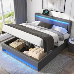 Lit 140x200 cm avec éclairage LED, ports USB rétractables et rangement, revêtement PU effet litchi gris>Redom