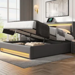 Lit 140x200 cm avec éclairage LED, ports USB rétractables et rangement, revêtement PU effet litchi gris>Redom