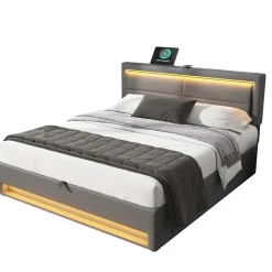 Lit 140x200 cm avec éclairage LED, ports USB rétractables et rangement, revêtement PU effet litchi gris><noscript><img width=