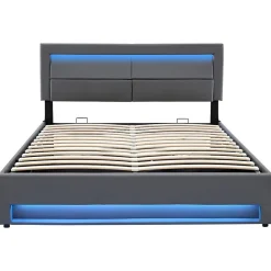 Lit 140x200 cm avec éclairage LED, ports USB rétractables et rangement, revêtement PU effet litchi gris><noscript><img width=