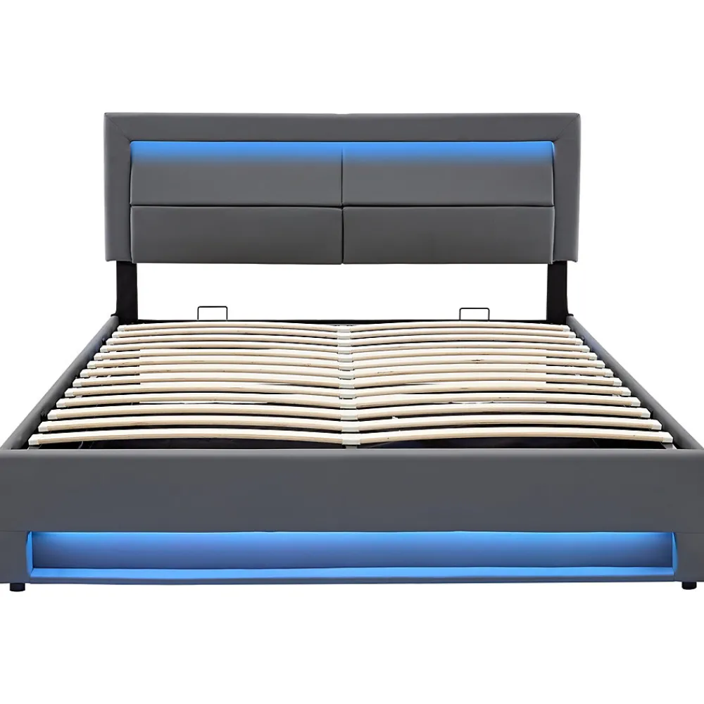 Lit 140x200 cm avec éclairage LED, ports USB rétractables et rangement, revêtement PU effet litchi gris>Redom