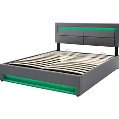 Lit 140x200 cm avec éclairage LED, ports USB rétractables et rangement, revêtement PU effet litchi gris><noscript><img width=