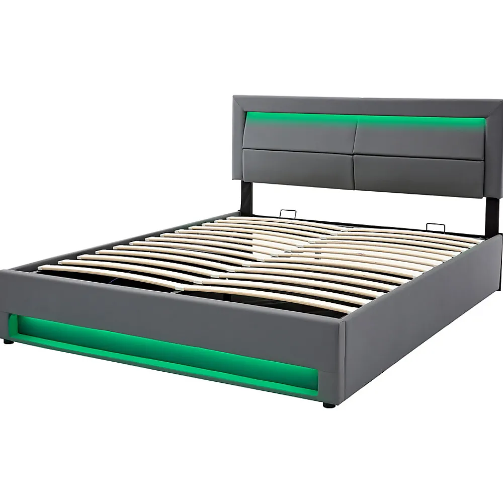 Lit 140x200 cm avec éclairage LED, ports USB rétractables et rangement, revêtement PU effet litchi gris>Redom