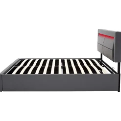 Lit 140x200 cm avec éclairage LED, ports USB rétractables et rangement, revêtement PU effet litchi gris><noscript><img width=