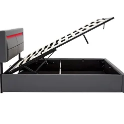 Lit 140x200 cm avec éclairage LED, ports USB rétractables et rangement, revêtement PU effet litchi gris><noscript><img width=