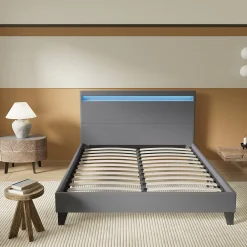 Lit 140x200 cm avec Éclairage LED Simili Gris><noscript><img width=