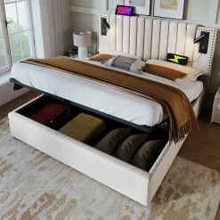 Redom Lit 160x200 cm avec coffre de rangement et tête de lit réglable en tissu beige à rivets, design contemporain* Lit Avec Rangement