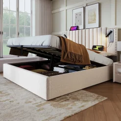 Redom Lit 160x200 cm avec coffre de rangement et tête de lit réglable en tissu beige à rivets, design contemporain* Lit Avec Rangement