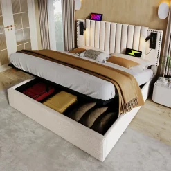 Redom Lit 160x200 cm avec coffre de rangement et tête de lit réglable en tissu beige à rivets, design contemporain* Lit Avec Rangement