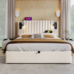 Redom Lit 160x200 cm avec coffre de rangement et tête de lit réglable en tissu beige à rivets, design contemporain* Lit Avec Rangement