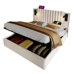 Redom Lit 160x200 cm avec coffre de rangement et tête de lit réglable en tissu beige à rivets, design contemporain* Lit Avec Rangement