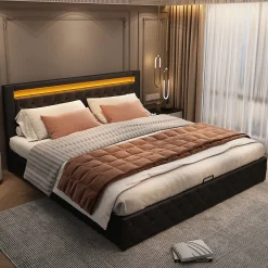 Lit 180x200 cm avec coffre de rangement, tête rembourrée et éclairage LED, tapissé PU noir>Redom New