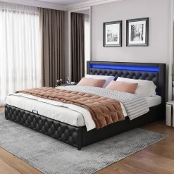 Lit 180x200 cm avec coffre de rangement, tête rembourrée et éclairage LED, tapissé PU noir><noscript><img width=