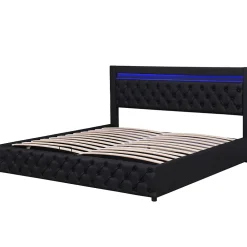 Lit 180x200 cm avec coffre de rangement, tête rembourrée et éclairage LED, tapissé PU noir><noscript><img width=
