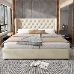 Redom Lit 140x200 cm avec coffre de rangement hydraulique et tête de lit capitonnée en velours beige* Lit Avec Rangement