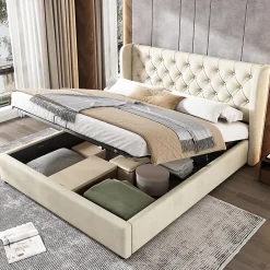 Redom Lit 140x200 cm avec coffre de rangement hydraulique et tête de lit capitonnée en velours beige* Lit Avec Rangement
