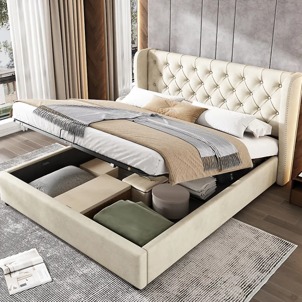Redom Lit 140x200 cm avec coffre de rangement hydraulique et tête de lit capitonnée en velours beige* Lit Avec Rangement