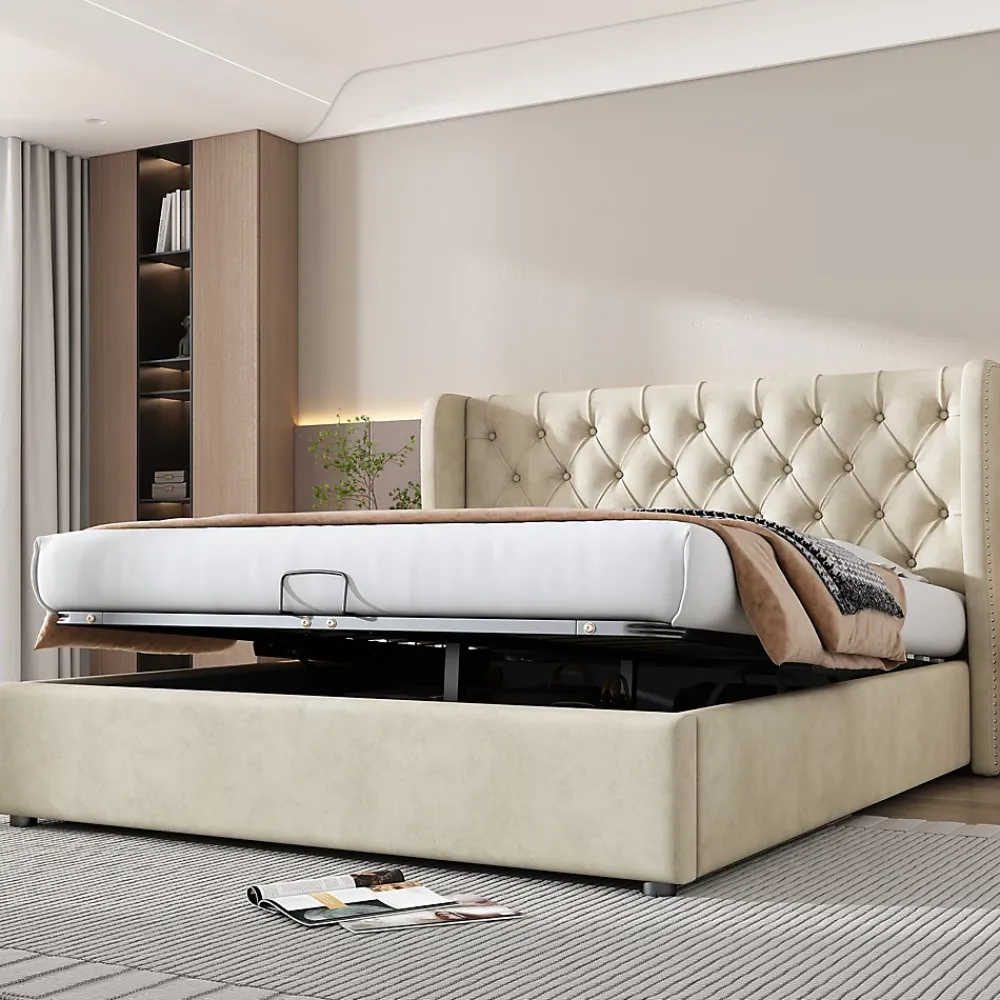 Redom Lit 140x200 cm avec coffre de rangement hydraulique et tête de lit capitonnée en velours beige* Lit Avec Rangement