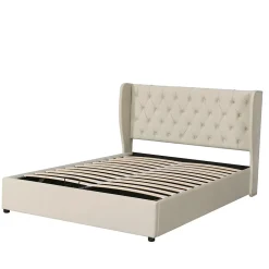 Redom Lit 140x200 cm avec coffre de rangement hydraulique et tête de lit capitonnée en velours beige* Lit Avec Rangement
