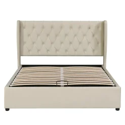 Redom Lit 140x200 cm avec coffre de rangement hydraulique et tête de lit capitonnée en velours beige* Lit Avec Rangement