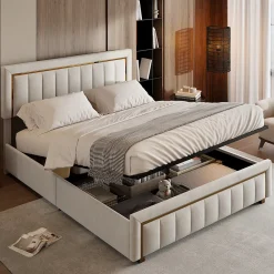 Lit 140x200 cm avec coffre de rangement, tête de lit, sommier à lattes, velours beige, pour ados et adultes>ProximaX Clearance
