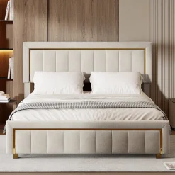 Lit 140x200 cm avec coffre de rangement, tête de lit, sommier à lattes, velours beige, pour ados et adultes>ProximaX Clearance